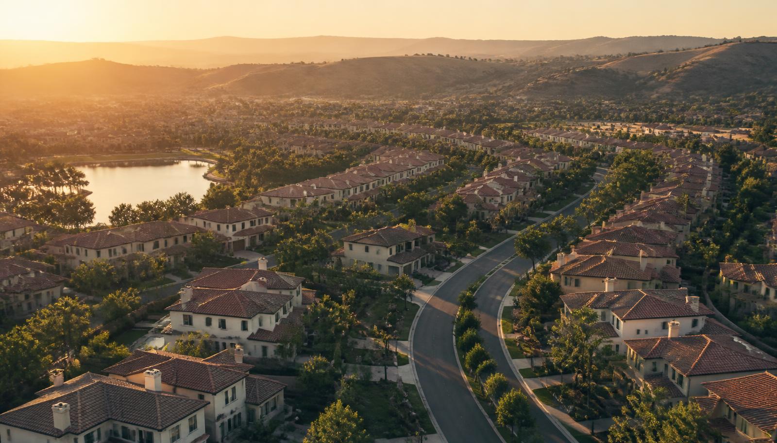 Aerial view of a South Orange County master-planned community at golden hour