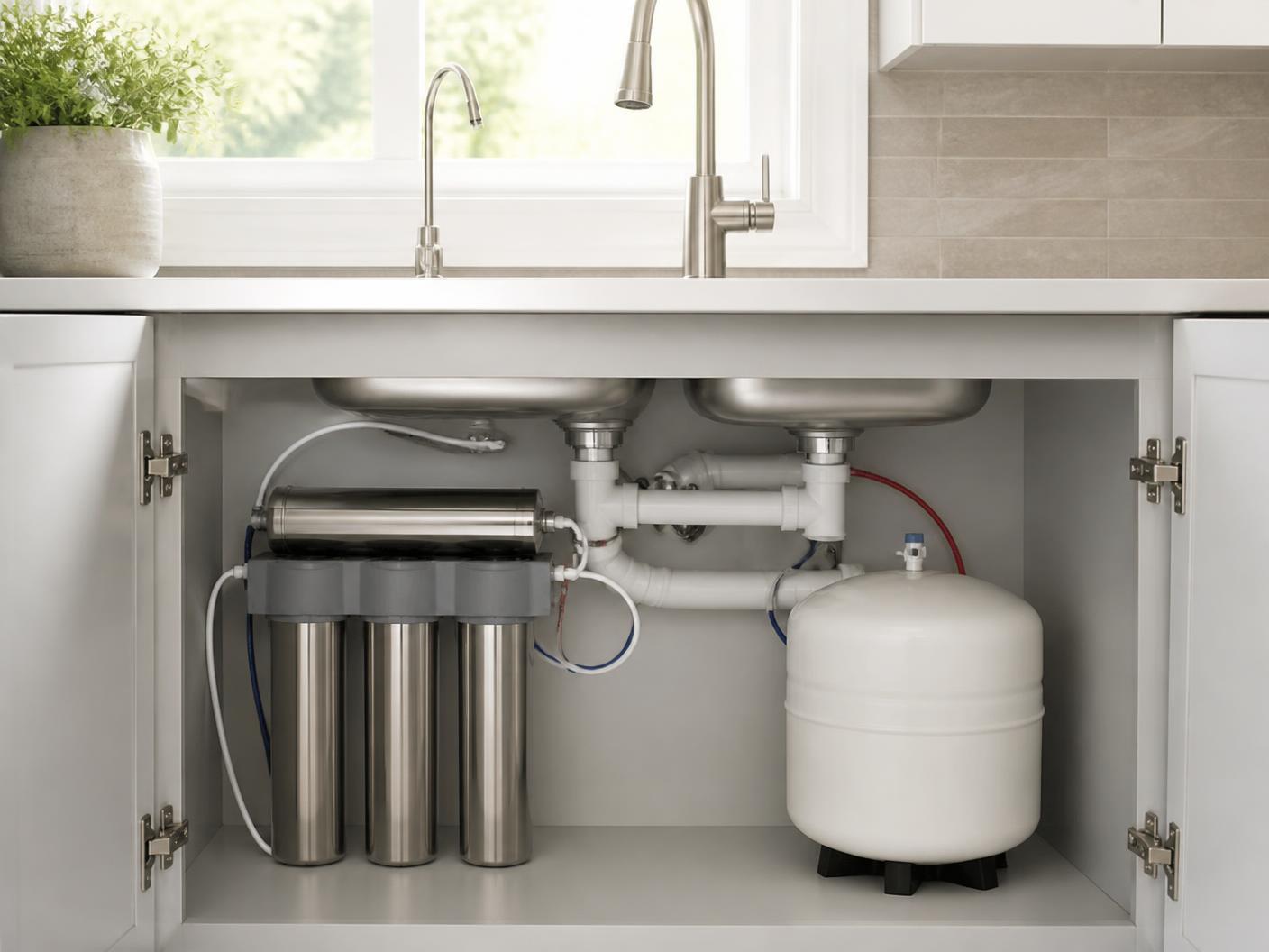 Stainless reverse osmosis drinking water system installed neatly under a kitchen sink