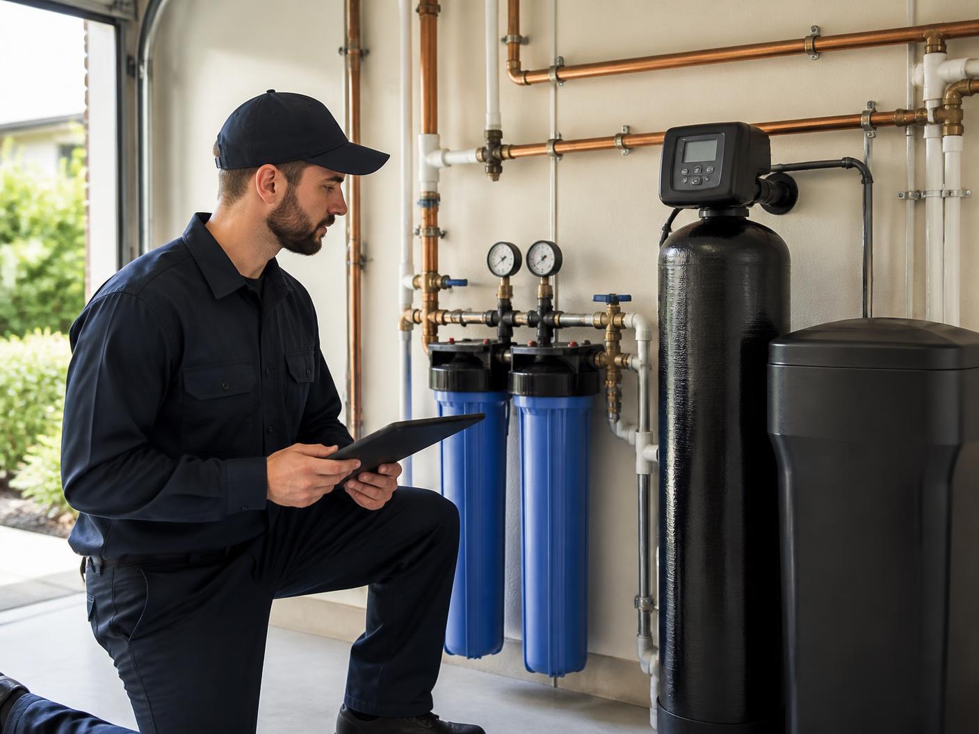 ADG technician reviewing a whole-home filtration and softener installation in a garage